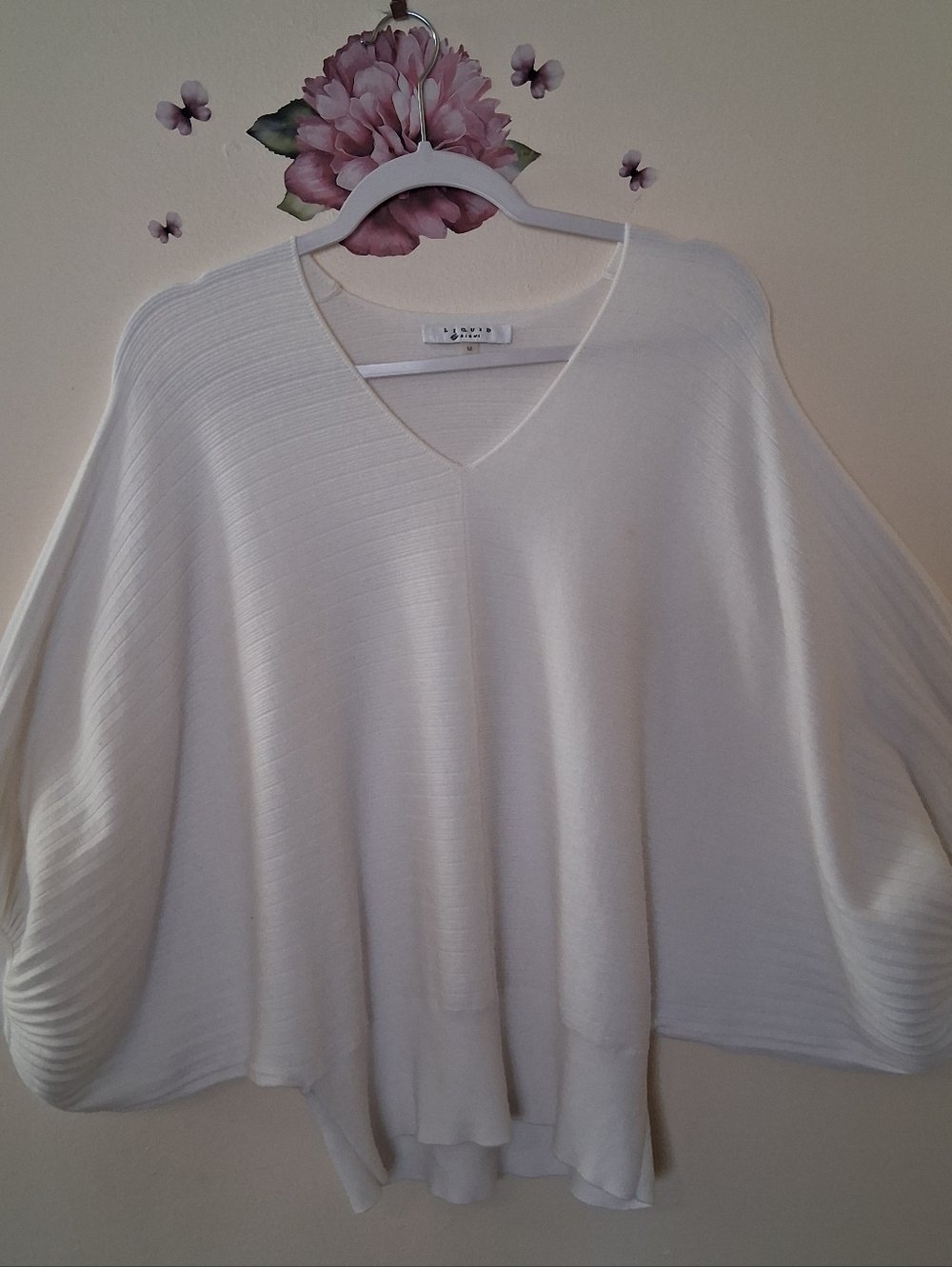 Liquid By Sioni Batwing Sweater Blouse Medium White Cotton Blend Ribbed